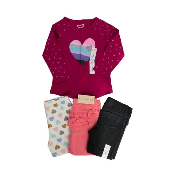 Set of 4 Toddler Girls Long Sleeve Heart Tee Heart Ruffle Bottoms Size 2T - Picture 1 of 3